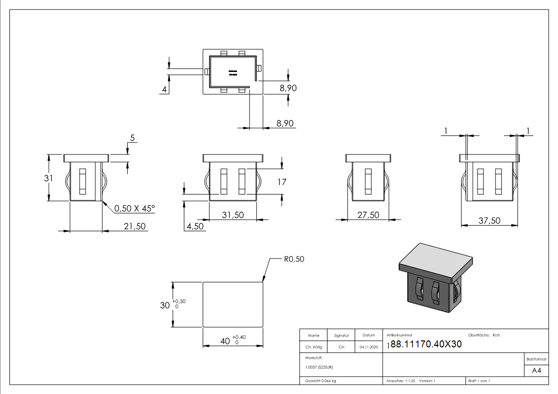 Stahlstopfen flach - fuer Rohr 40x30x2-0-3-0 mm - Stahl S235JR- roh-88-11170.40X30
