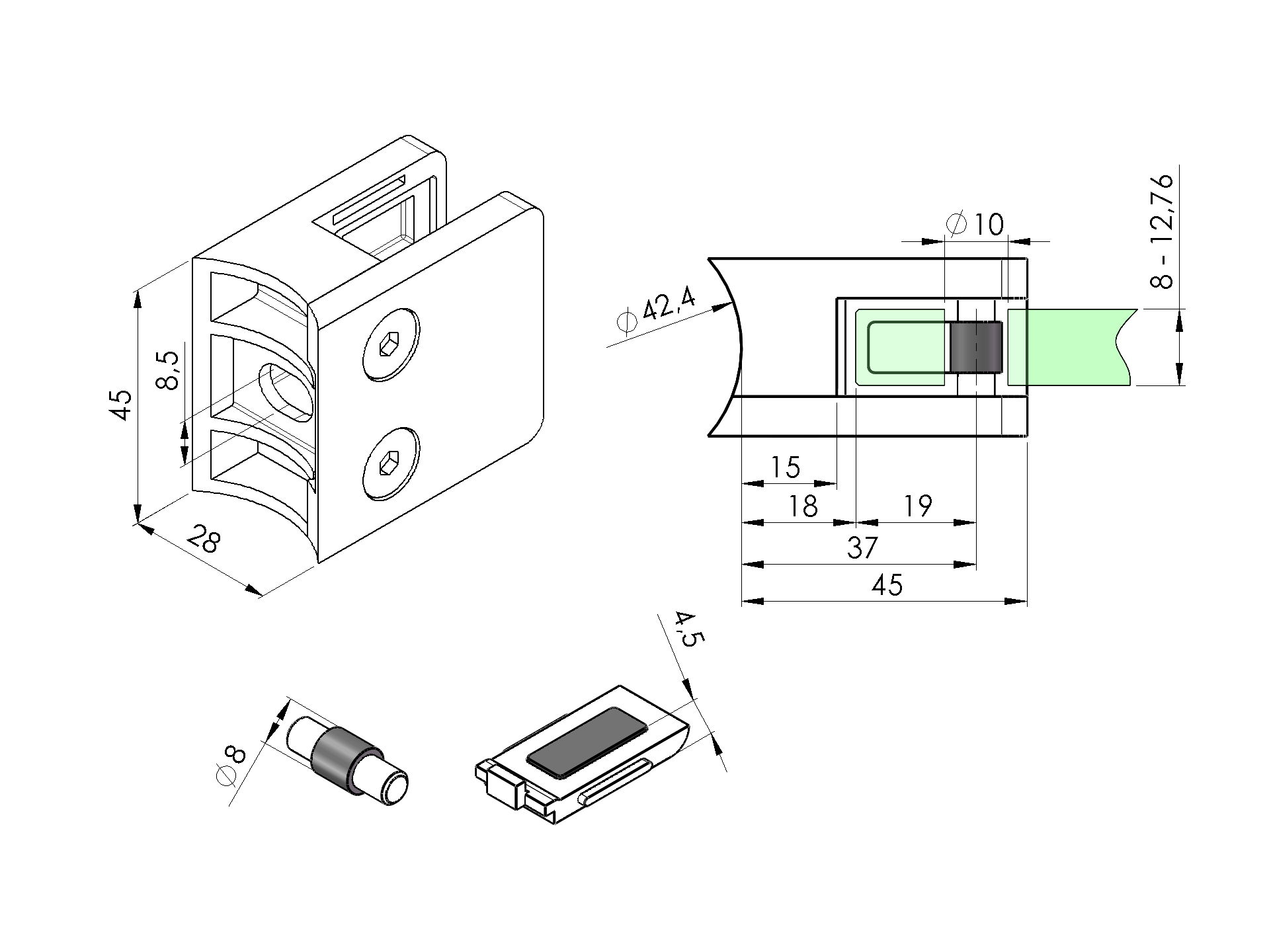 Glasklemme Edelstahl AISI 304 fuer Glas 6-12-76 mm Pfosten D42-4 geschliffen-89-11A23KP042-A.4