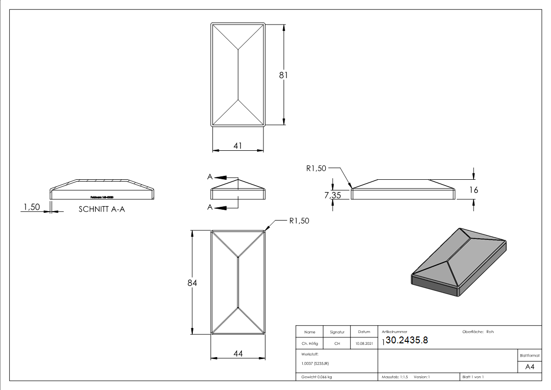 Pfeilerbedecker - fuer Rechteckrohr - Masse- 80x40 mm - Stahl S235JR- roh-30-2435.8