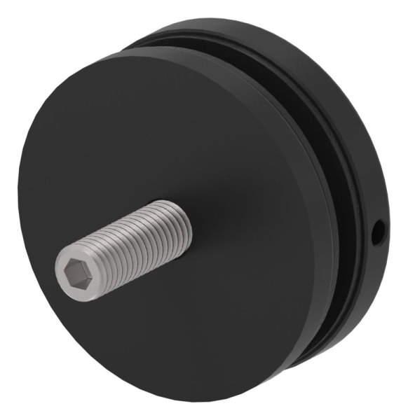 Glaspunkthalter 72mm- Anschluss- flach- V2A- pulverbeschichtet in RAL 9005 schwarz matt mit AbP-88-1160197-240.9005