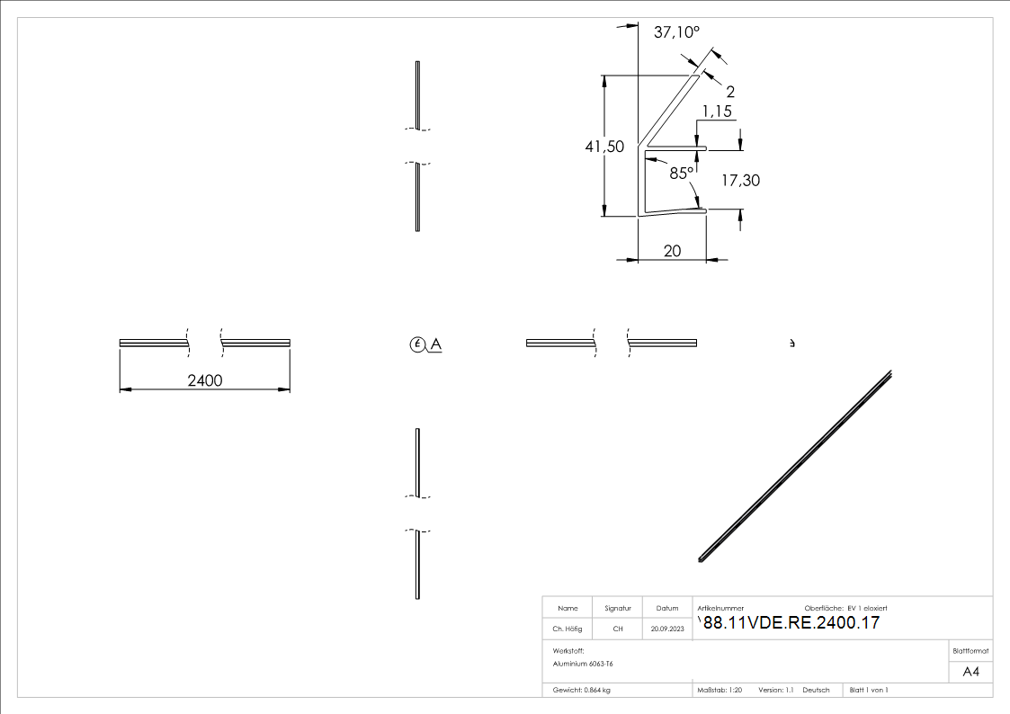 Regenrinne fuer Vordaecher- Glas 17-52mm- L=2400mm- E4-EV1-88-11VDE-RE-2400.17