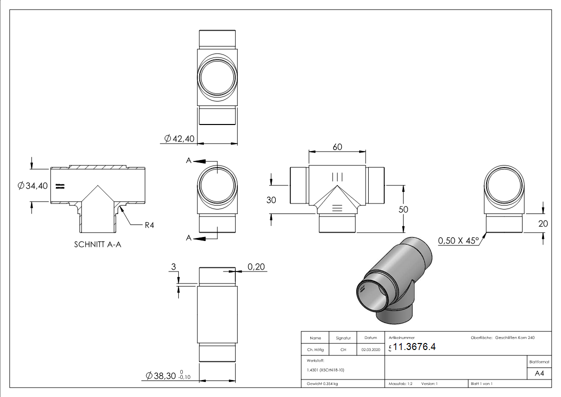 T-Stueck V2A fuer Rohr Ø 42-4 mm 2-0 mm zum Stecken-11-3676.4