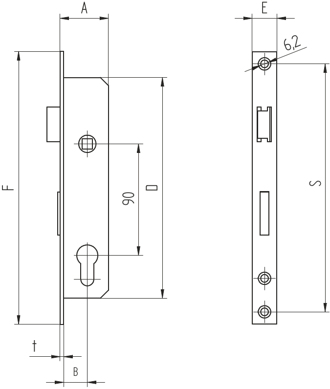 Zylinderschloss Edelstahl AISI 304 fuer Profil 40x40 mm Axialabstand 90 mm Schliff-89-11B83025X90-A.4