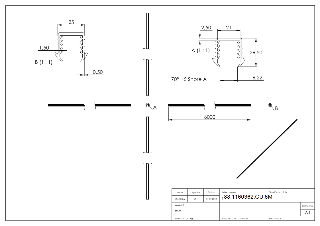 Keildichtung EPDM fuer Glas 16-76–17-52 mm- Nut 24x24 mm- L = 6000 mm-88-1160362-GU.6M