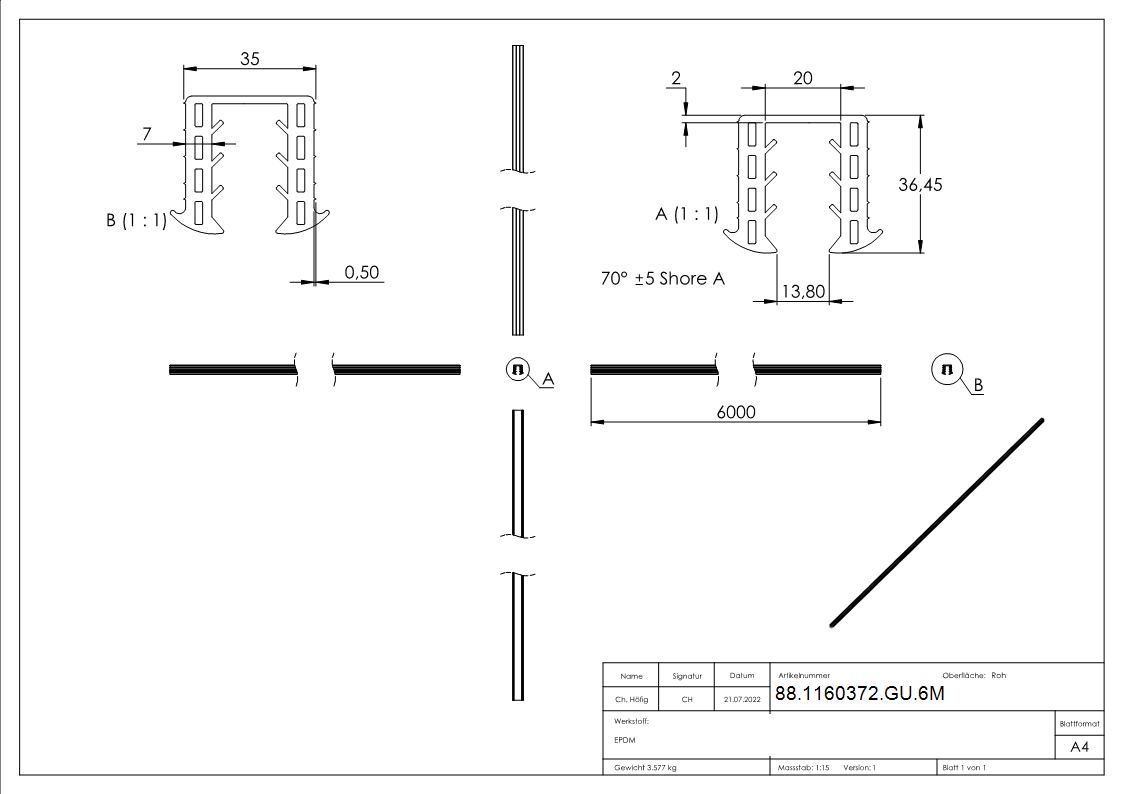 Keildichtung EPDM fuer Glas 16-76–17-52 mm- Nut 34x34 mm- L = 6000 mm-88-1160372-GU.6M