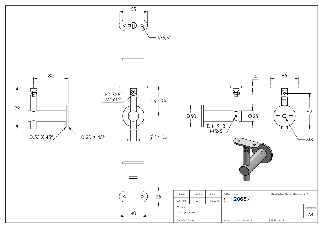 Handlaufhalter hoehenverstellbar mit Halteplatte fuer flachen Anschluss V2A-11-2066.4