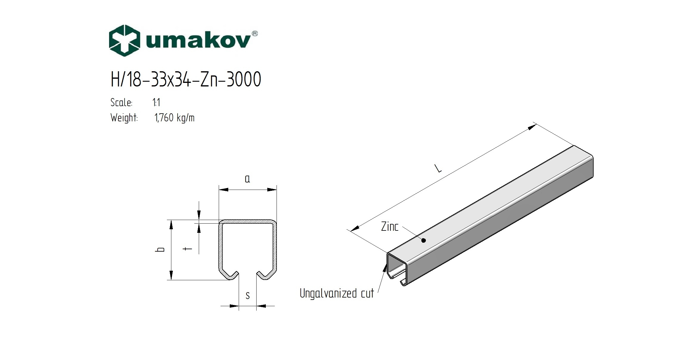 Laufschiene Stahl verzinkt 33 x 34 x 2-0 mm L = 3000 mm fuer Schiebetore-89-11H1833X34ZN3000-A.4