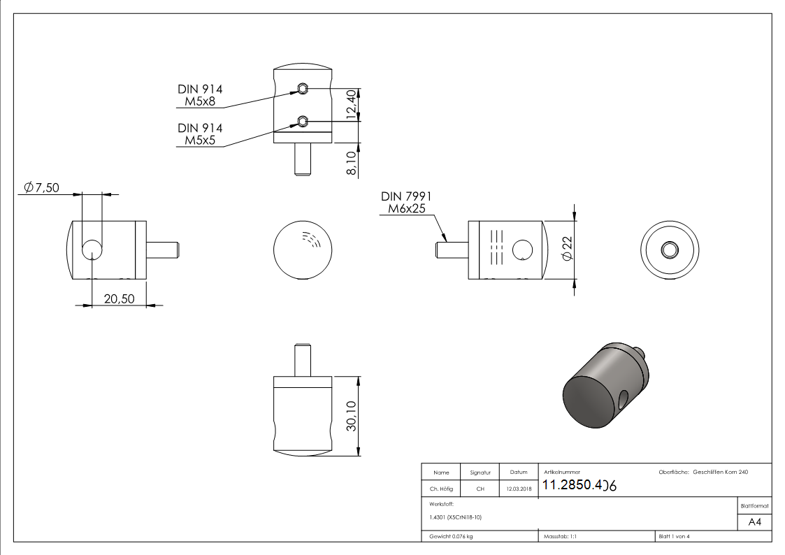 Seilhalter fuer Zwischenpfosten - Fuer Seil Ø 6 mm - Anschluss flach - V2A-11-2850.4