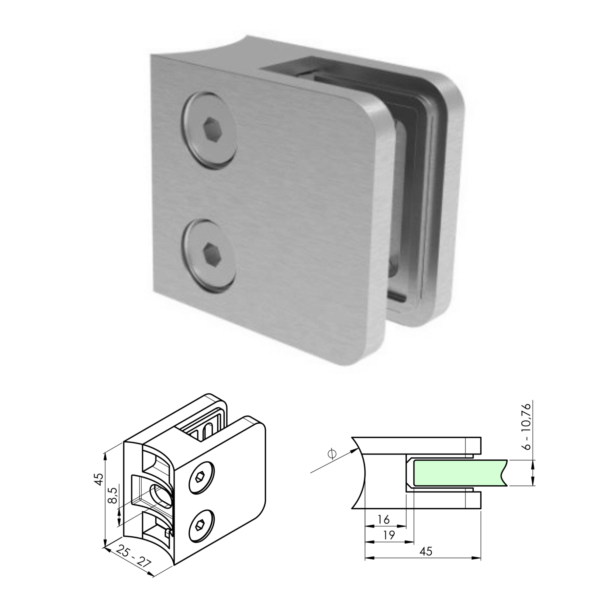 Glashalter V2A fuer Rohr Ø 42-4 mm 1-5-10-76 mm geschliffen 4er Set-89-11A2100042SET4-A.4