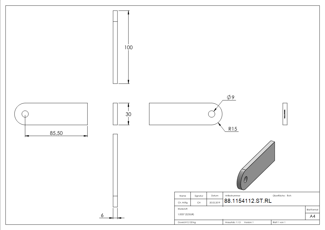 Anschweisslasche 100 x 30 x 6mm mit Rundloch 9mm-88-1154112-ST.RL