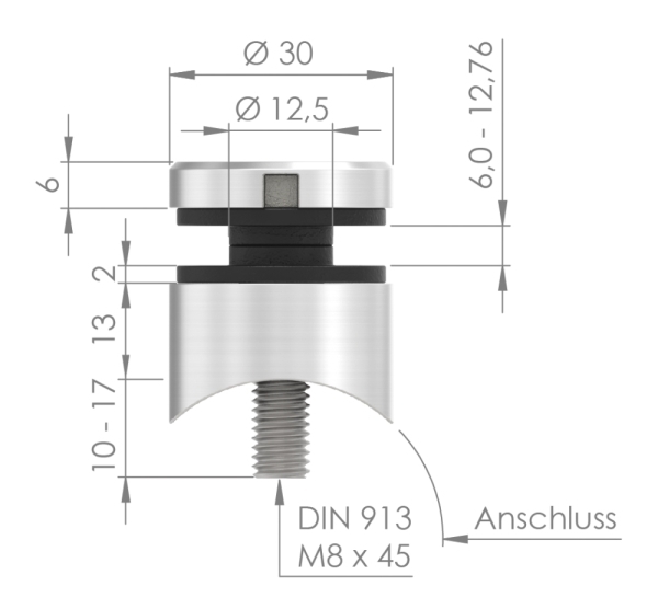 Glaspunkthalter Edelstahl V2A Ø 30 mm fuer Rohr Ø 48-3 mm Gewinde M8 fuer Glas 6-0-12-76 mm-88-1160191-240.48