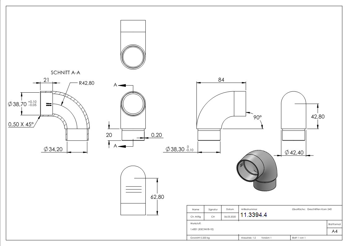 Anschlussbogen 90° fuer Rundrohr Ø 42-4x2-0 mm V2A-11-3394.4