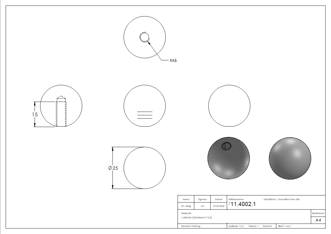 Vollkugel - Ø 25 mm - mit Gewinde M6 - V4A-11-4002.1