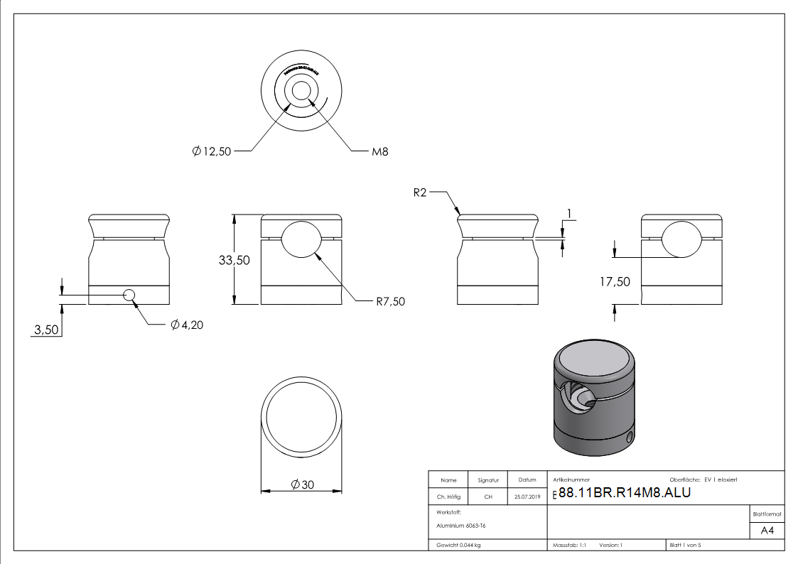 BRENK-fix® Grundhalter fuer Staebe Ø 14mm- ALU-88-11BR-R14M8.ALU