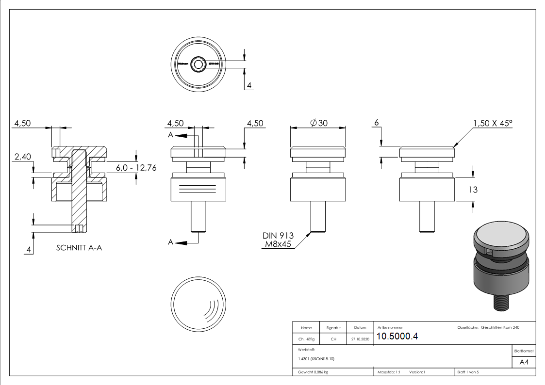 Glaspunkthalter Edelstahl V2A Ø 30 mm flach – Punkthalter-10-5000.4