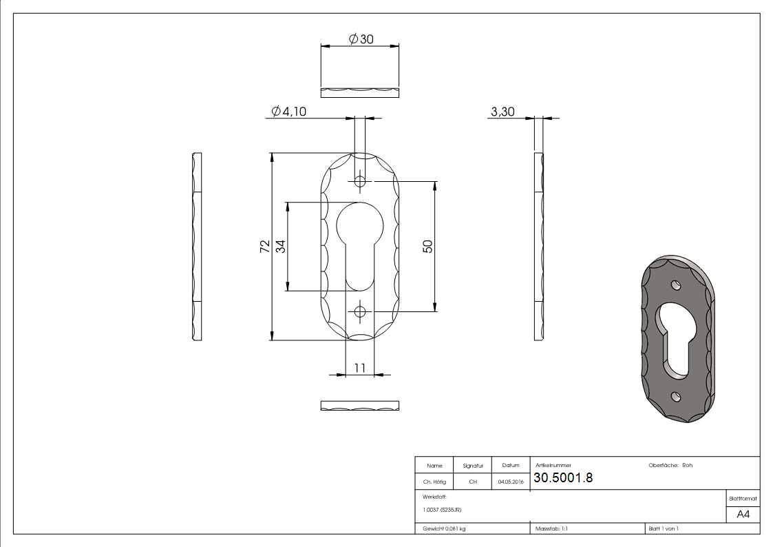 Schluesselrosette - Masse- 72x30 mm - Stahl -Roh- S235JR-30-5001.8