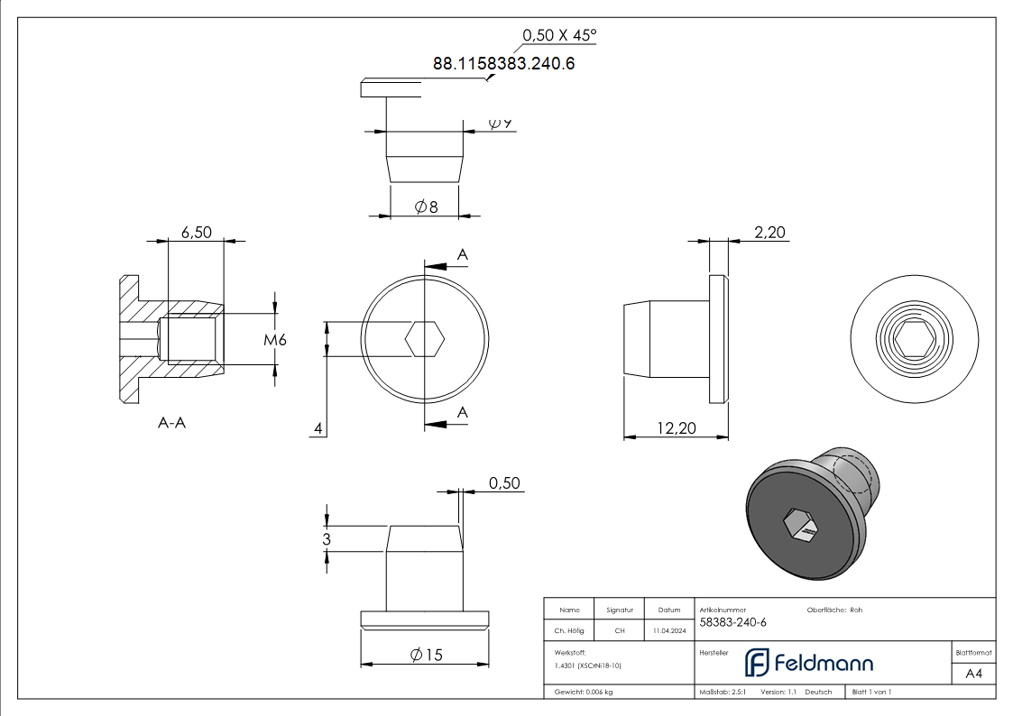 Huelsenmutter Edelstahl V2A M6 Flachkopf ISK-88-1158383-240.6