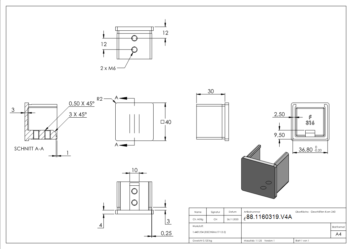 Endkappen- flach- fuer Quadratnutrohr 40 x 40mm- V4-88-1160319.V4A