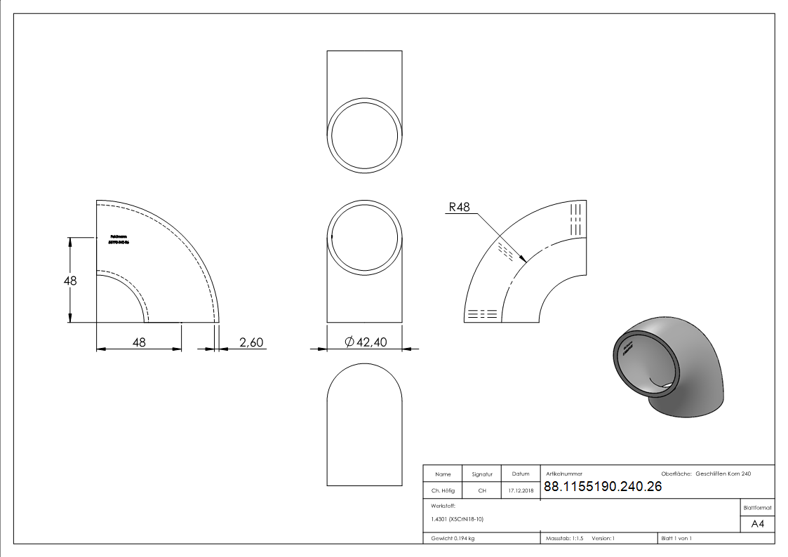Schweissbogen 90°- 42-4 x 2-6mm- V2A- Bauart 3-88-1155190-240.26