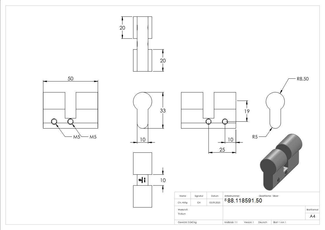 Profil-Blindzylinder L 50 mm fuer 10-40 und 25-25 mit Stulpschraube M5x80-88-118591.50