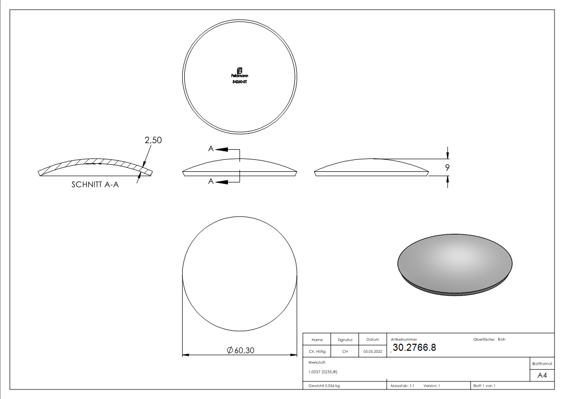 Kloepperboden Rohrabschluss Ø 60-3x2-5 mm Stahl roh Hoehe- 9 mm-30-2766.8