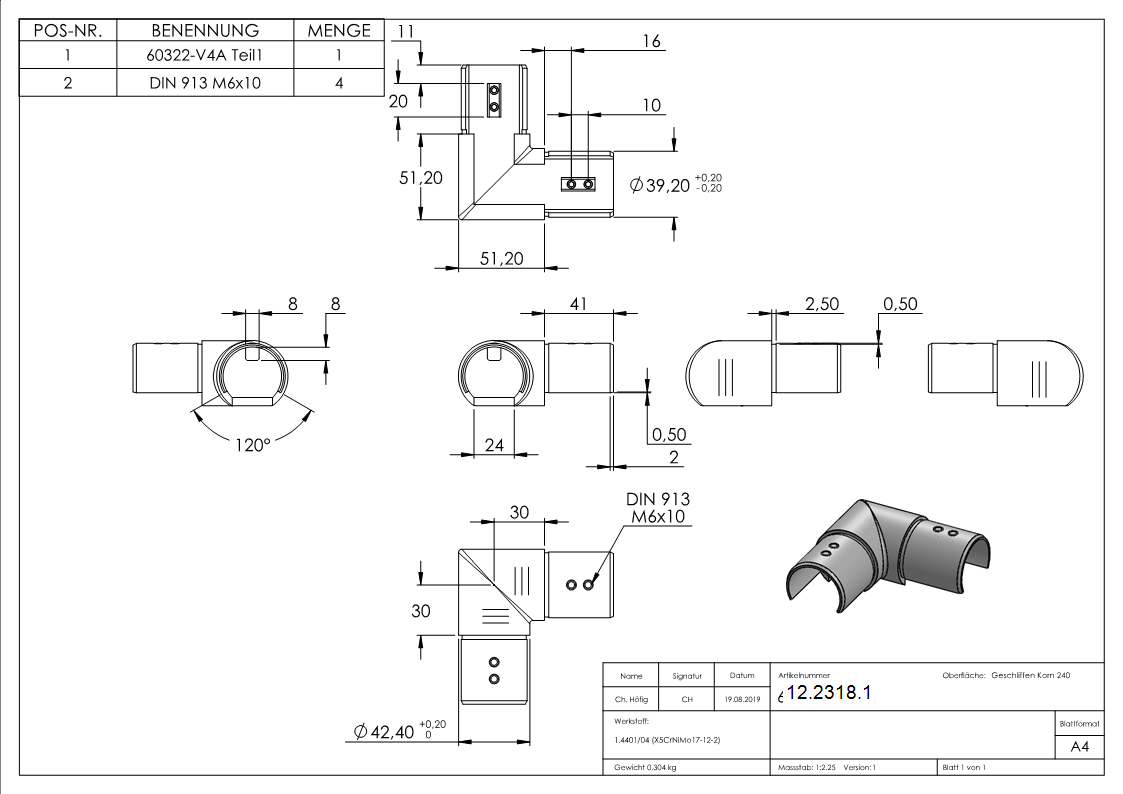 Verlaufsecke 90° - horizontal - fuer Nutrohr Ø 42-4 mm - V4A-12-2318.1