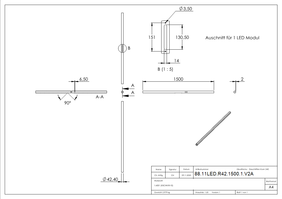 Edelstahlrohr V2A 42-4x2-0 mm 1500 mm mit LED Ausschnitt geschliffen-88-11LED-R42-1500-1.V2A