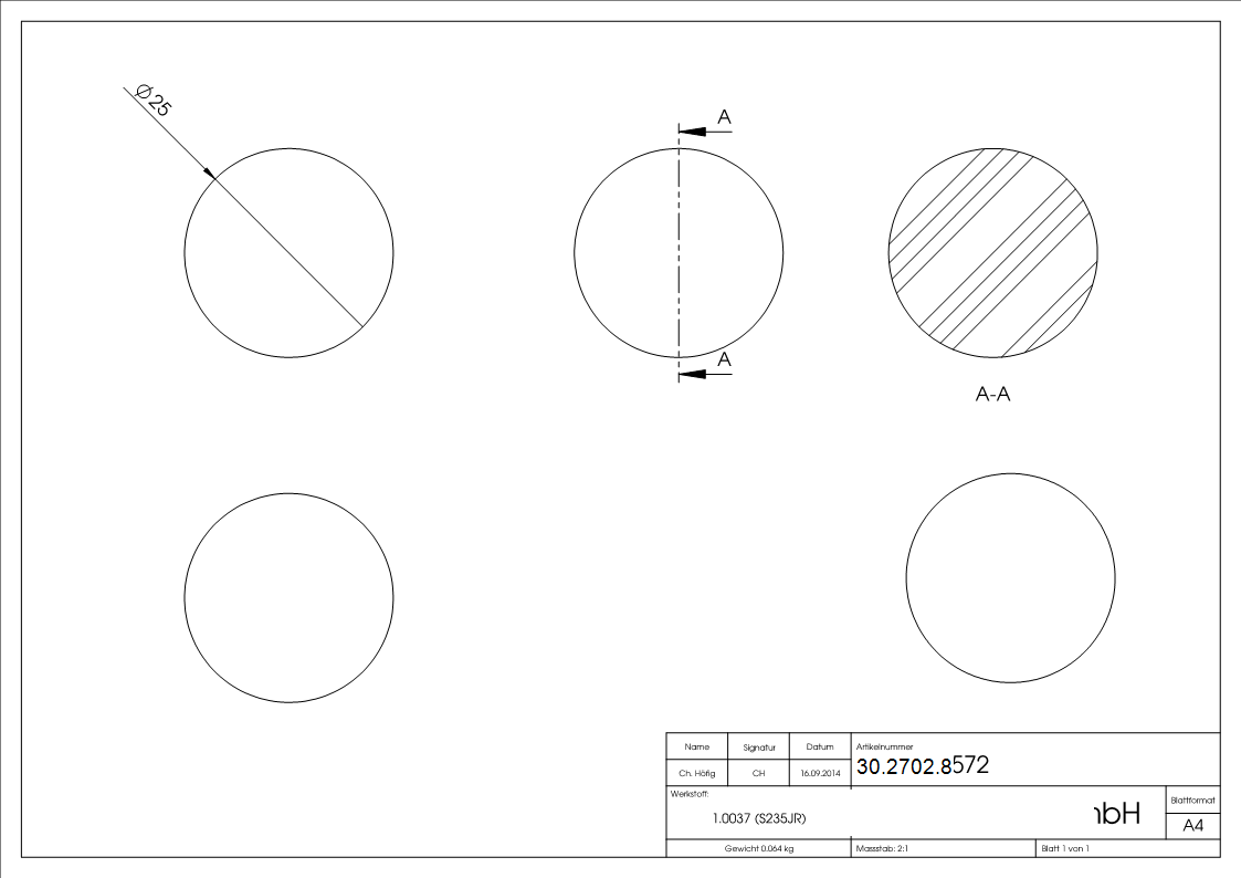 Vollkugel Ø 25 mm - massiv glatt - geschmiedet - Stahl S235JR- roh-30-2702.8