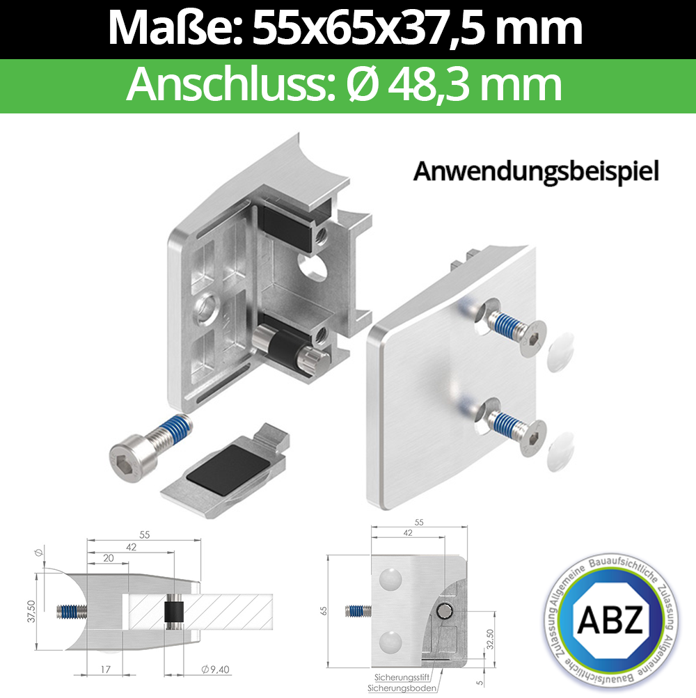 Glasklemme AbZ 55x65x37-5 mm  Ø 48-3 mm- fuer 12-00 mm ESG Glas- Nein - Ohne Sicherungsstift- Nein - Ohne Sicherungsboden-10-MODELL35-48-13-1.1