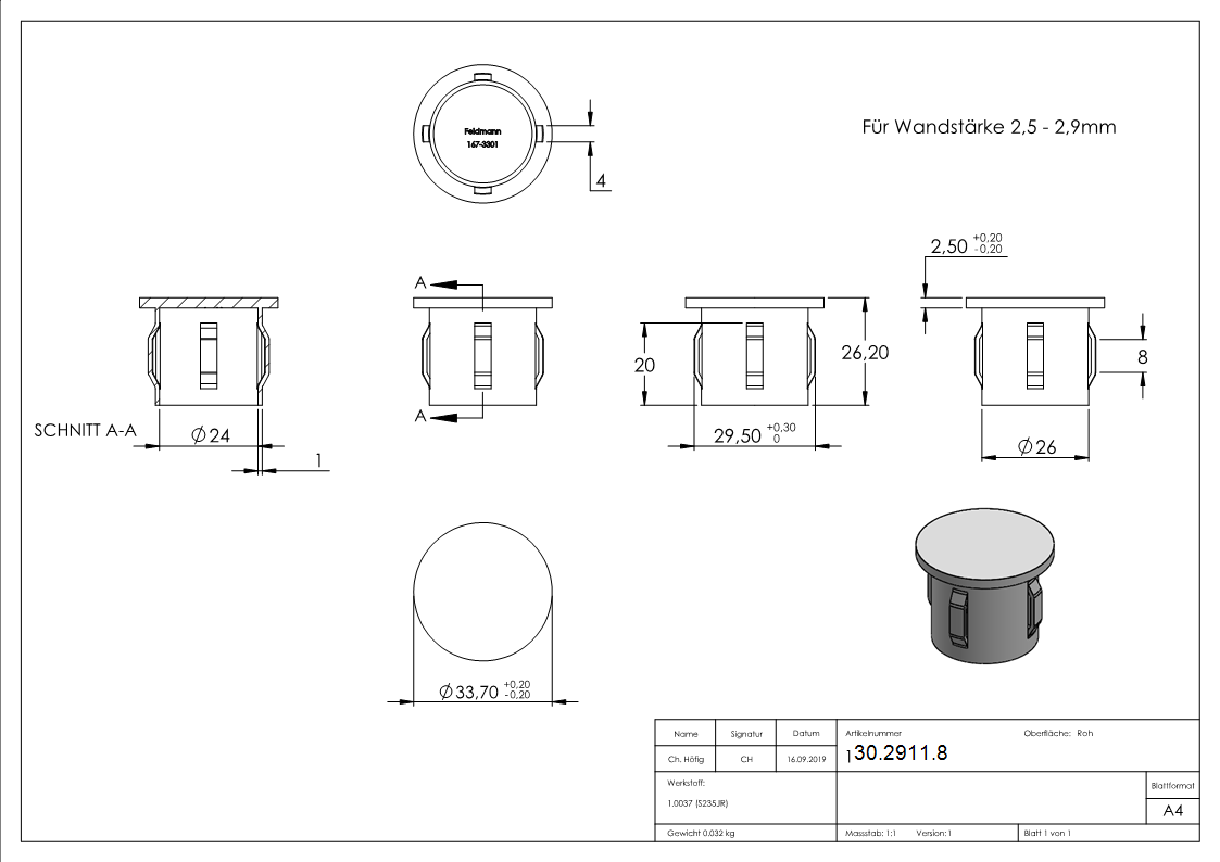 Stahlstopfen flach - fuer Rundrohr Ø 33-7x2-5-2-9 mm - Stahl S235JR- roh-30-2911.8
