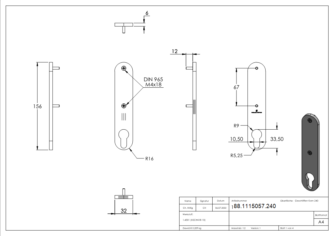 Langschild Edelstahl V2A 32 x 156 x 6 mm gerundet fuer Schlosskaesten-88-1115057.240