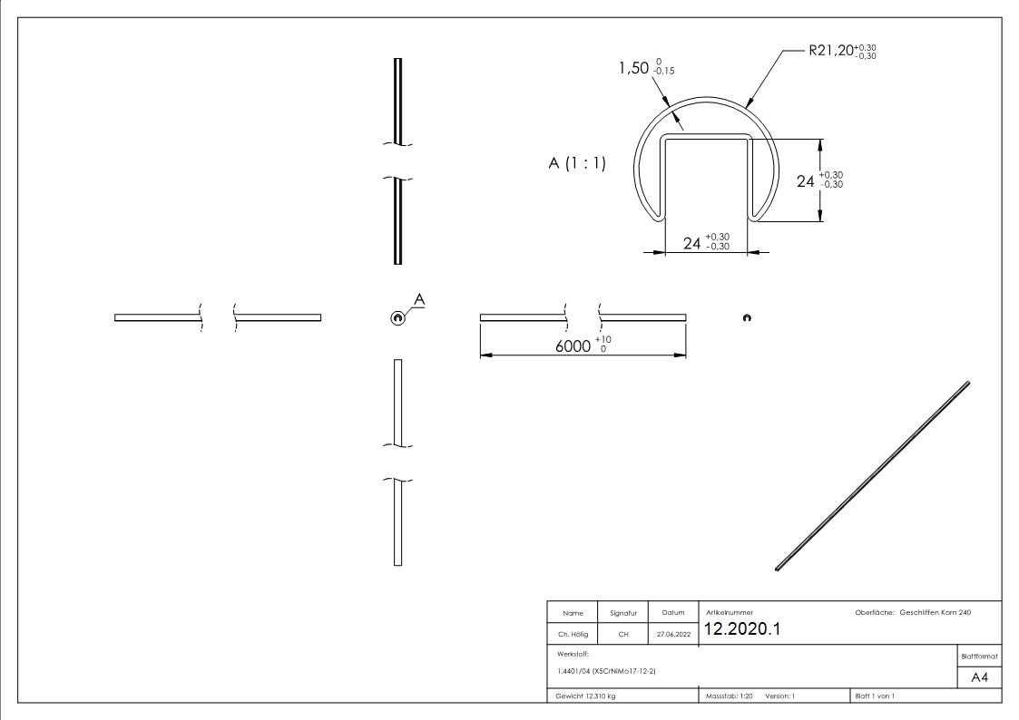 Nutrohr Masse- Ø 42-4x1-5 mm mit Nut- 24x24 mm Laenge- 6000 mm V4A Edelstahl-12-2020.1