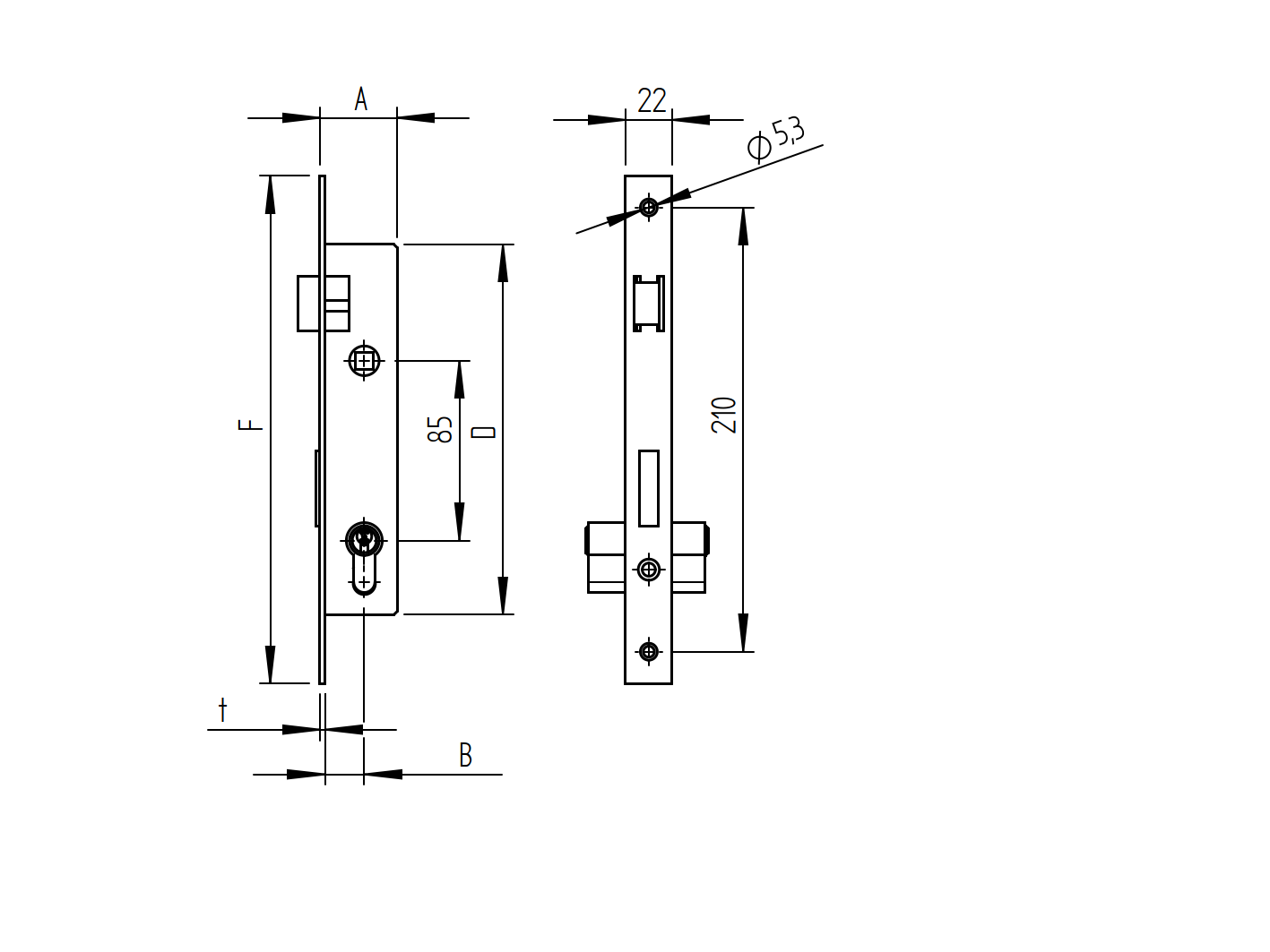 Einsteckschloss Edelstahl AISI 304 fuer JP Profil 40x40mm- Axialabstand 85 mm- Schliff-89-11B83020X85-A.4