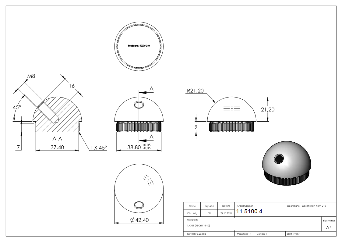 Rohrabschlussstopfen Edelstahl V2A fuer Rohr Ø 42-4x2-0mm mit M8 Gewinde zum Einschlagen-11-5100.4