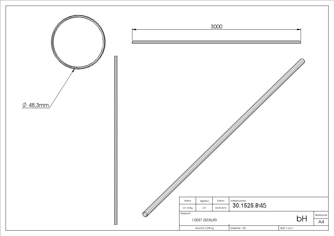 Rundrohr spindelfoermig geschmiedet  48-3x3-5 mm Laenge- 3000 mm Stahl -Roh-30-1525.8