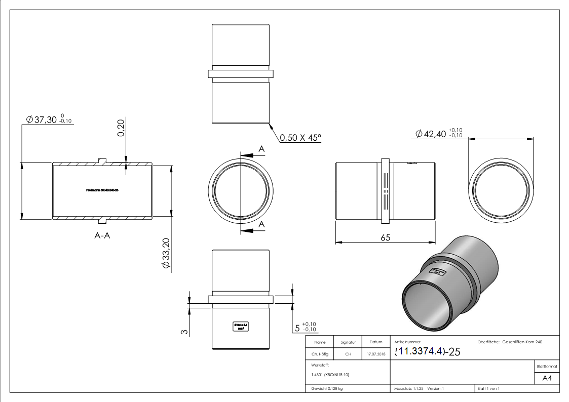 Steckverbinder V2A Ø 42-4 x 2-5 mm gerade mit Mittelsteg-11-3374.4