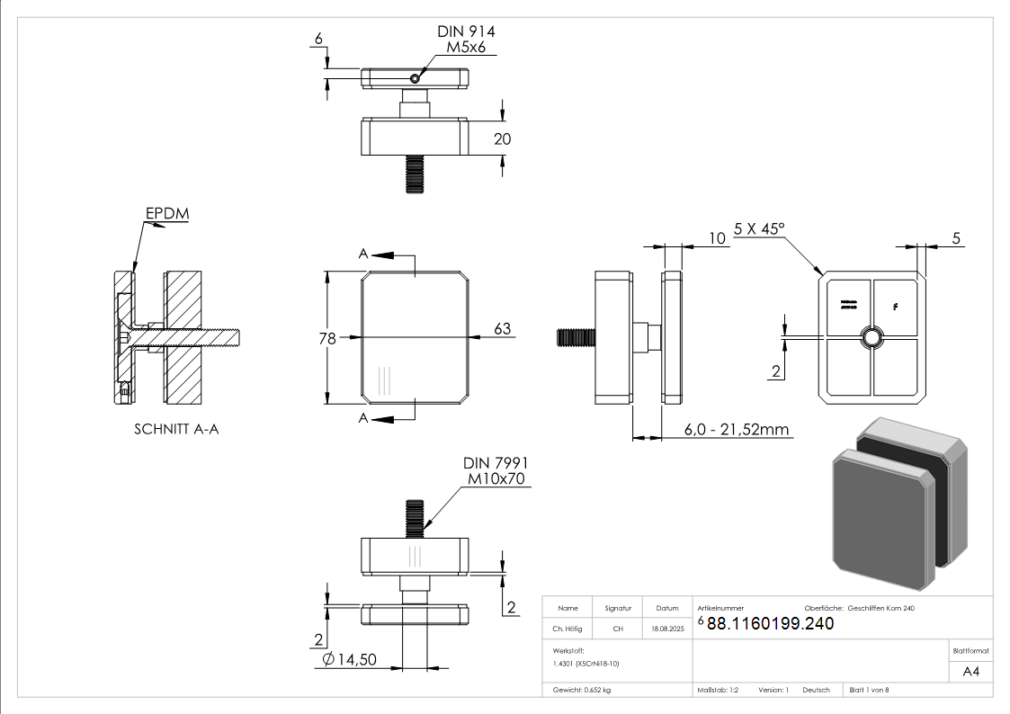 Glaspunkthalter Edelstahl V2A 63 x 78 mm fuer Glas 8-00–21-52 mm flach-88-1160199.240