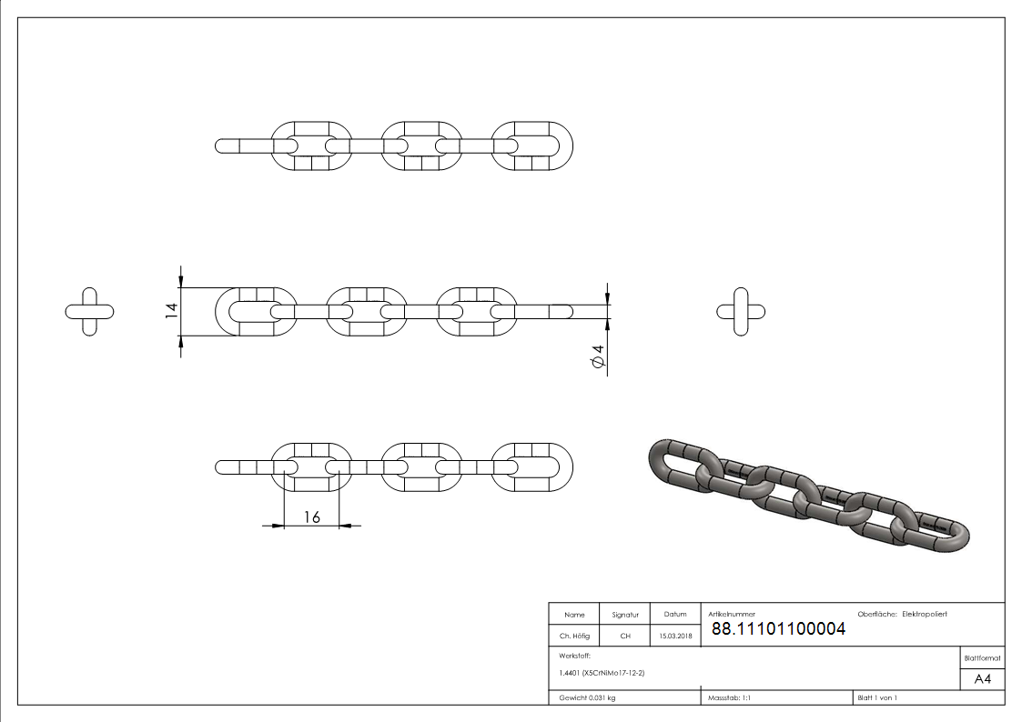 Kette kurzgliedrig Edelstahl V4A Ø 4 mm DIN 766-88.11101100004