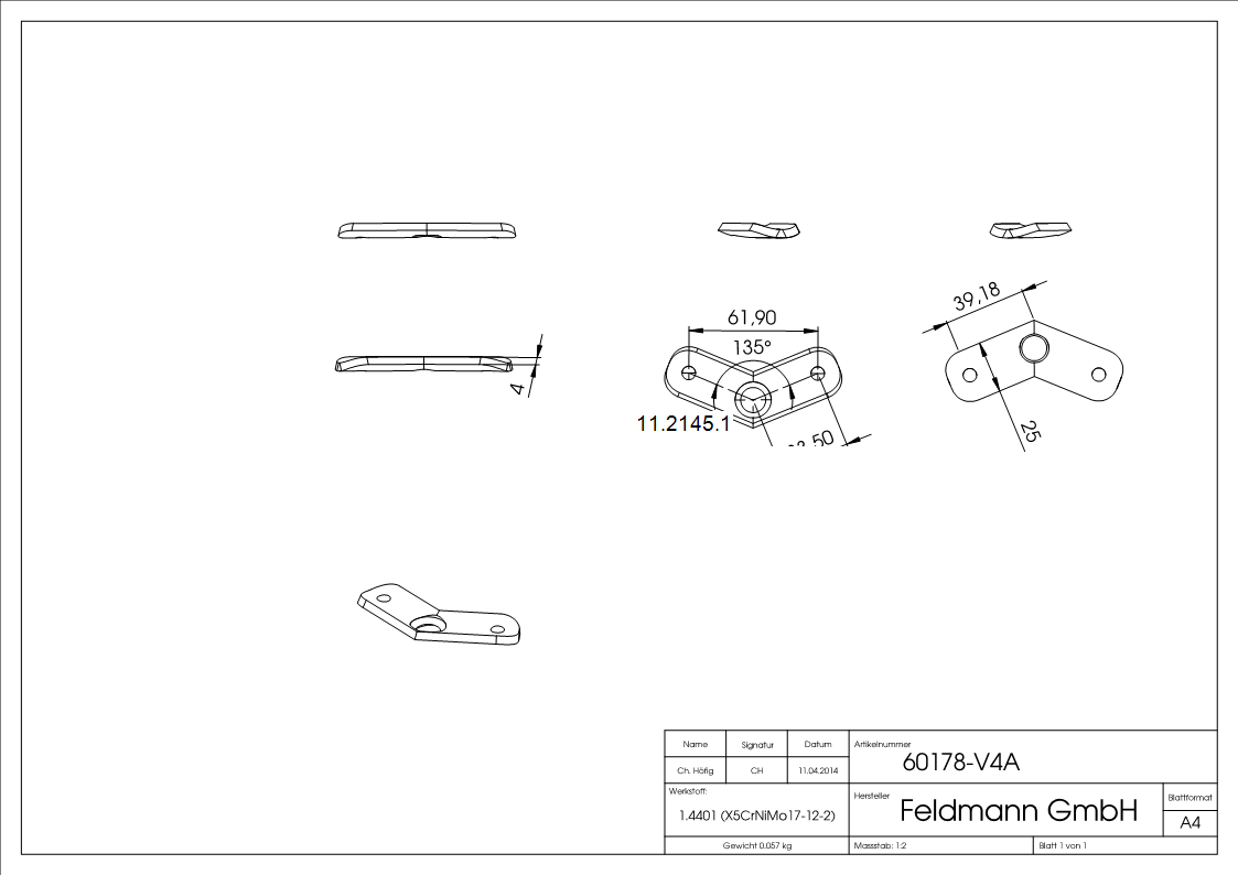 Handlaufanschlussplatte 135° fuer Rohr Ø 42-4 mm V4A-11-2145.1