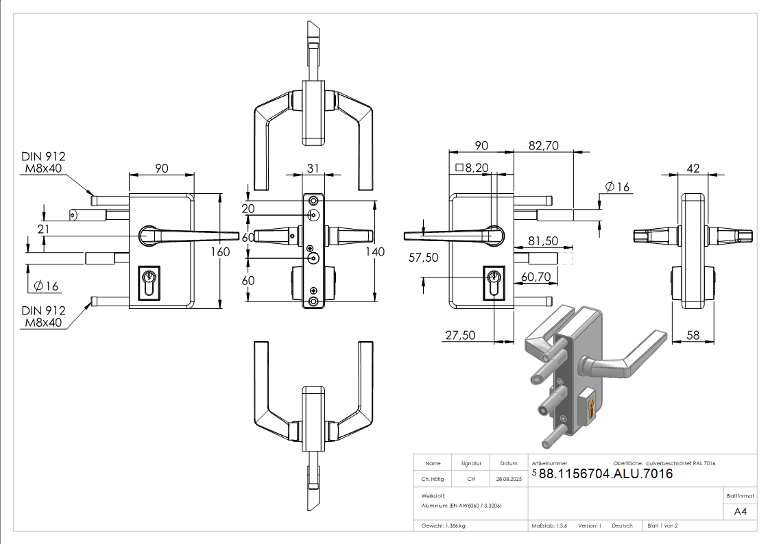 Gittertorschloss GTS 2 fuer Rohrstaerke 60-80mm- montagefertiges Set- anthrazitgrau-88-1156704-ALU.7016