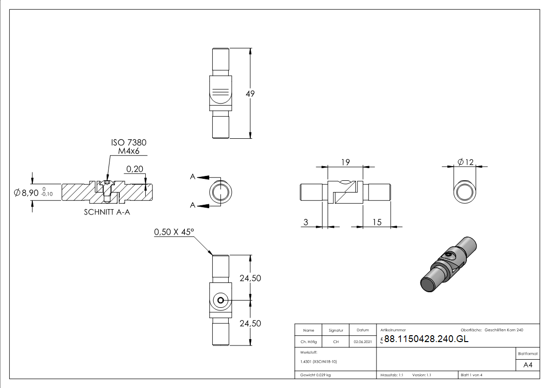 Gelenkverbinder V2A fuer Rundrohr 12x1-5 mm verstellbar 0-100° geschliffen K240-88-1150428-240.GL