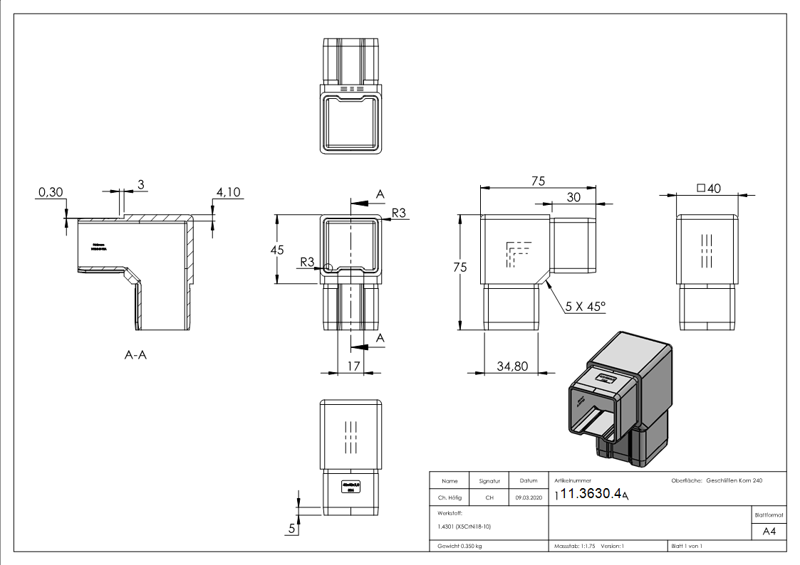 Ecke 90° zum Stecken und Kleben V2A-11-3630.4