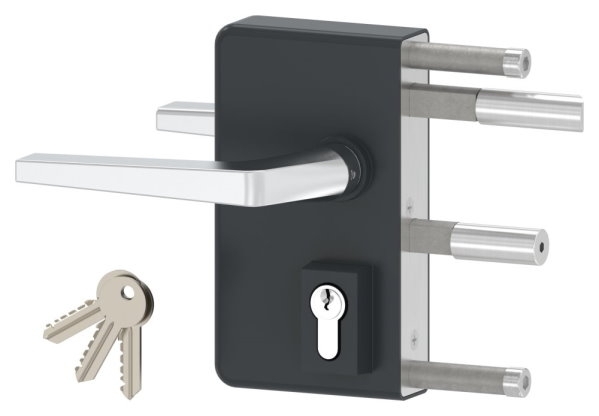 Gittertorschloss GTS 2 fuer Rohrstaerke 60-80mm- montagefertiges Set- anthrazitgrau-88-1156704-ALU.7016