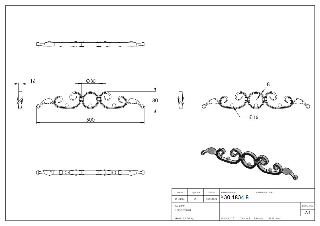 Barockelement - Schwerbarock - Masse- 500x80 mm - Material- 16x8 mm- gerillt - Stahl S235JR- roh-30-1834.8