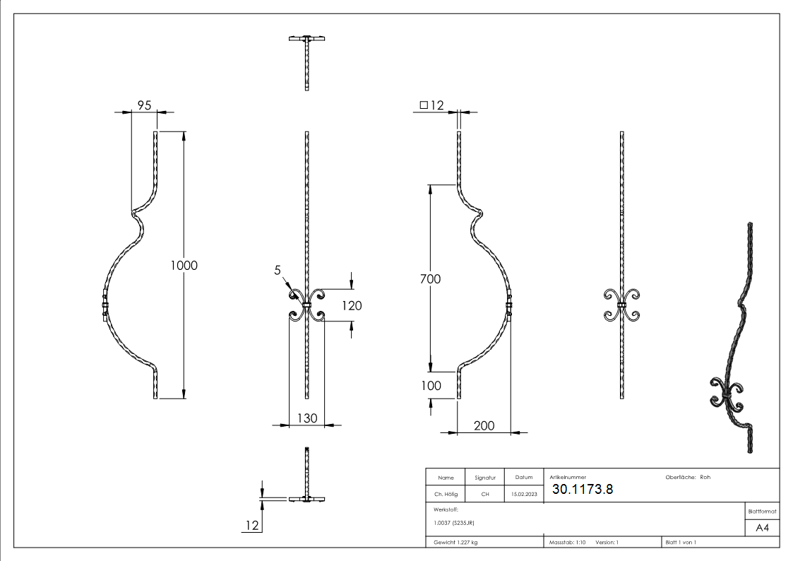 Bauchstab - Laenge- 1000 mm - Material- 12x12 mm - Stahl S235JR- roh-30-1173.8