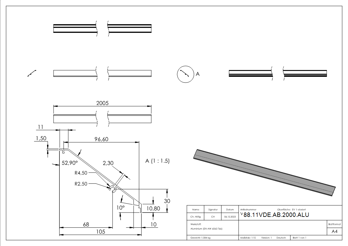 Design-Abdeckung Aluminium L = 2005 mm eloxiert E4-EV1-88-11VDE-AB-2000.ALU
