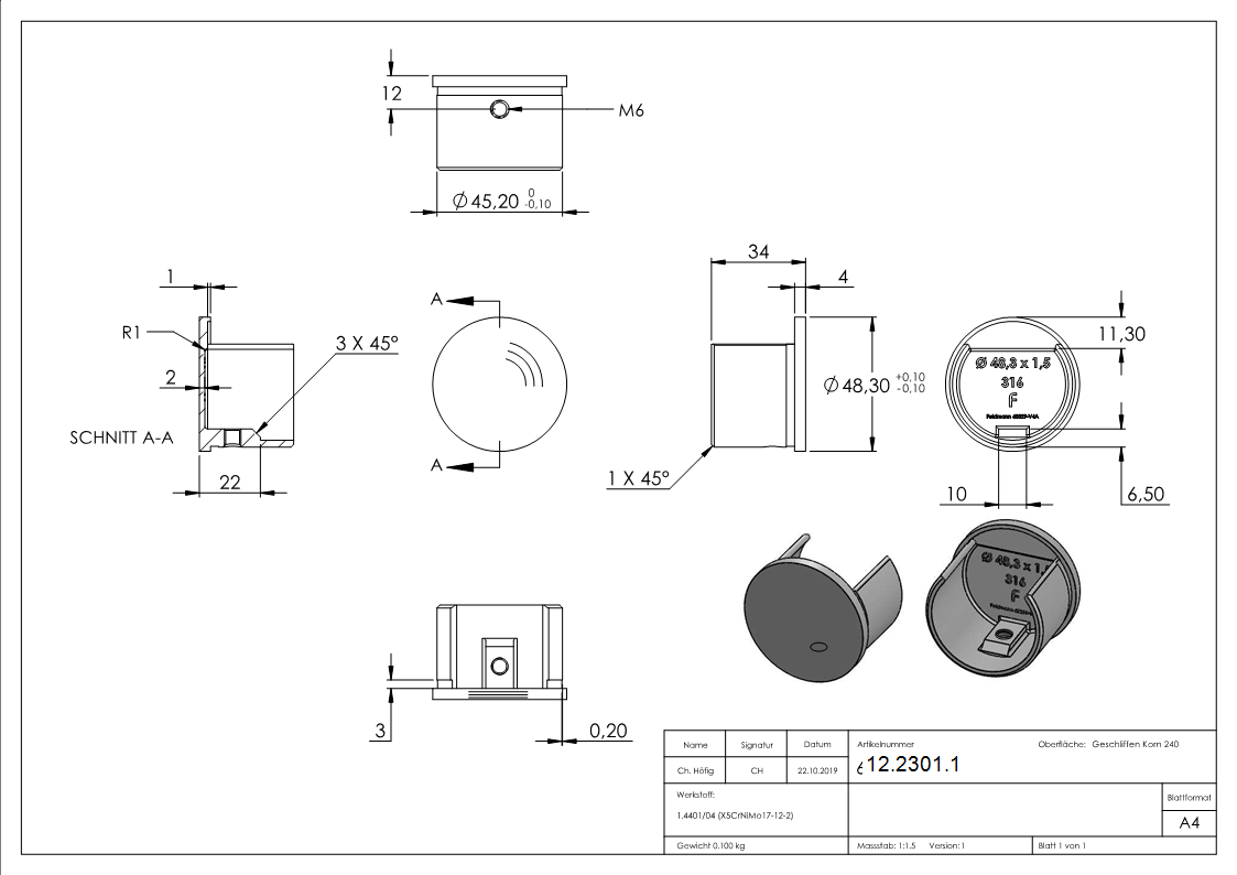 Endkappe - flache Ausfuehrung - fuer Nutrohr Ø 48-3 mm - V4A-12-2301.1