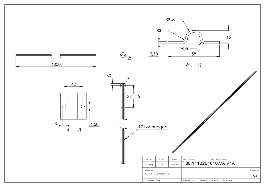 Laufschiene Edelstahl V4A  19 mm- L 6000 mm zum Aufschrauben-88-1110201610-VA.V4A