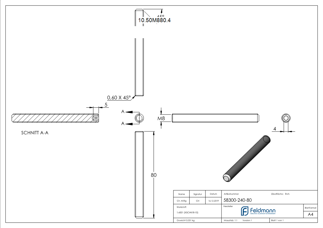 Gewindestift V2A Edelstahl M8x80 DIN 913 - ISO 4026 Kegelkuppe-10-50M880.4