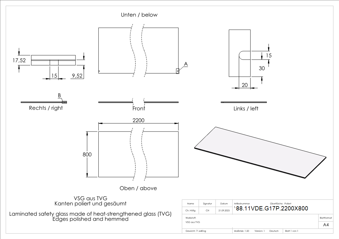 Eleganza canopy Glas- 2200x800mm VSG aus 2x8mm TVG mit 1-52mm PVB-88-11VDE-G17P.2200X800